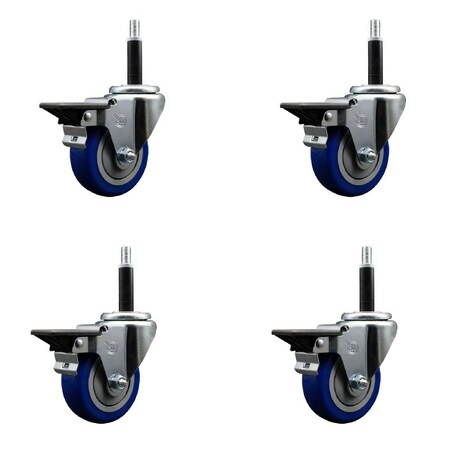 Service Caster 3.5'' Blue Poly Swivel 3/4'' Expanding Stem Caster Set with Brake, 4PK SCC-EX20S3514-PPUB-BLUE-PLB-34-4